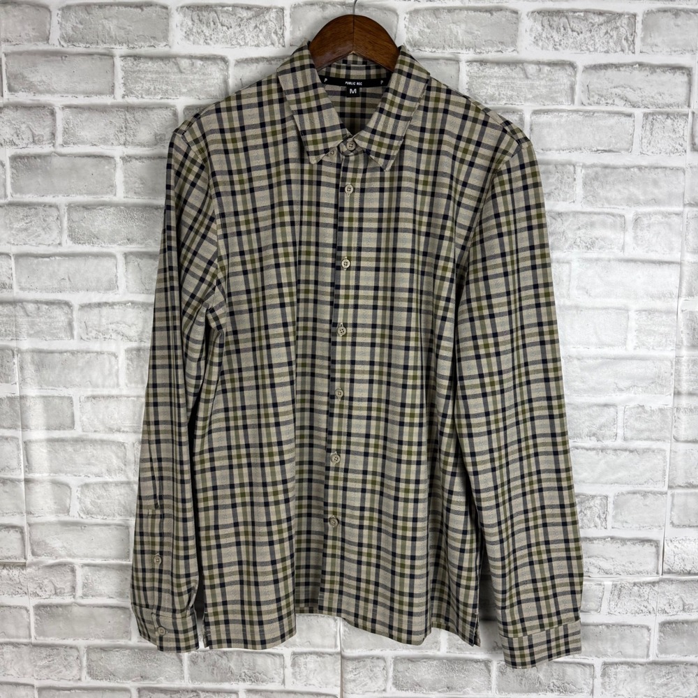 Public Rec Mens Plaid Button Down Shirt Olive Navy Tan Long Sleeve size MEDIUM